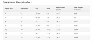 Sparx Size Chart